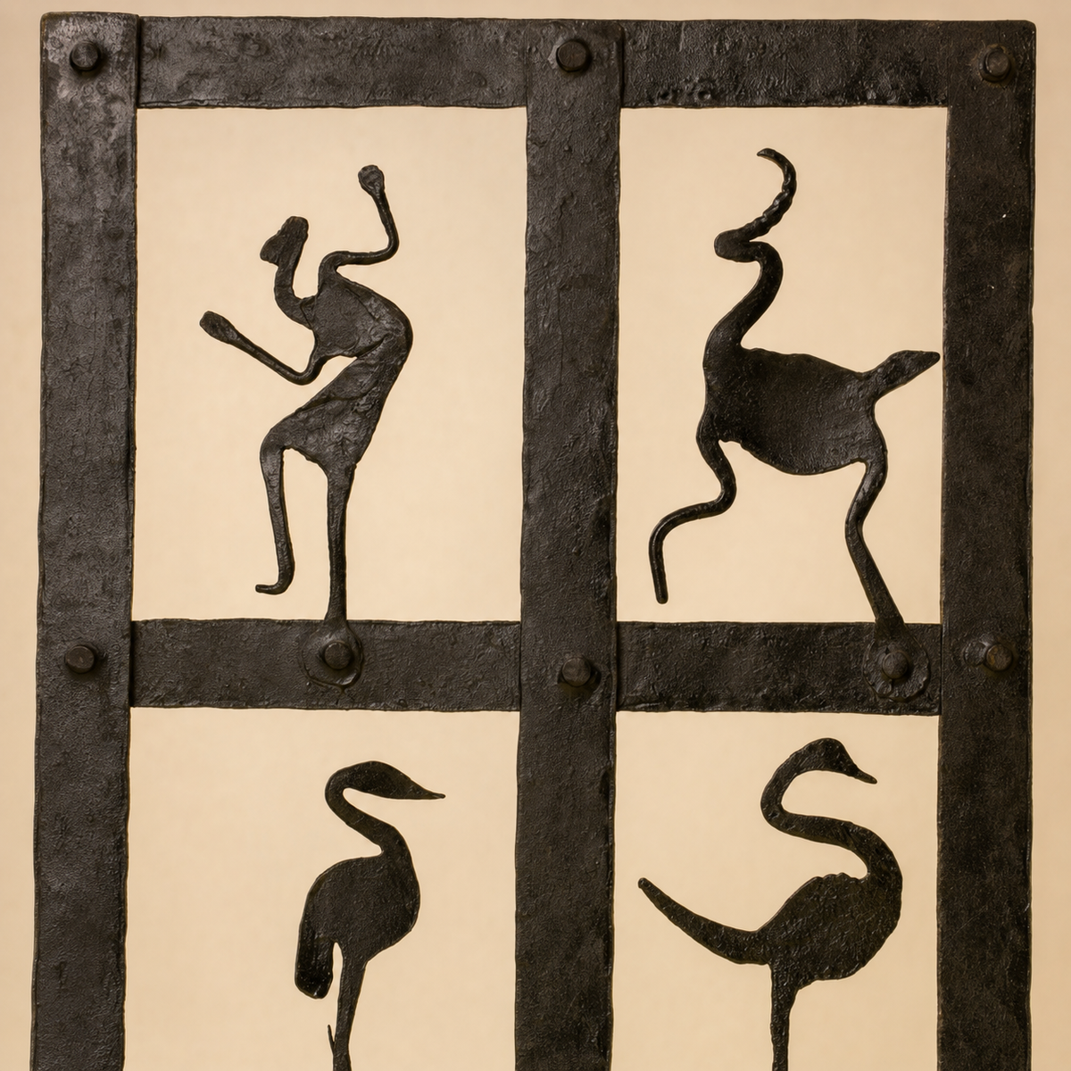 Close view of the forged frame, rivets, dancer, animal, and bird motifs