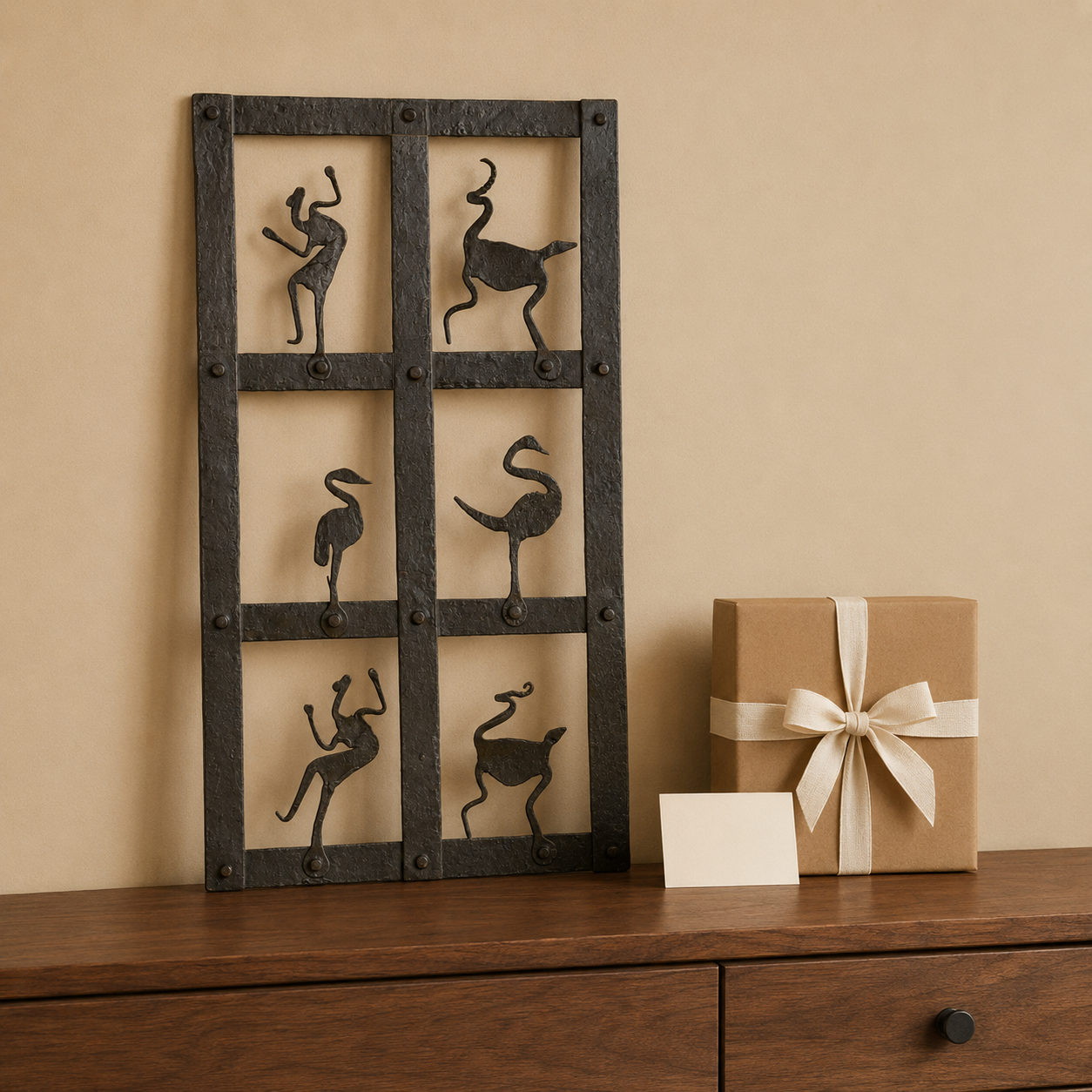 Bastar wrought iron tribal dance wall panel presented as a handcrafted gift