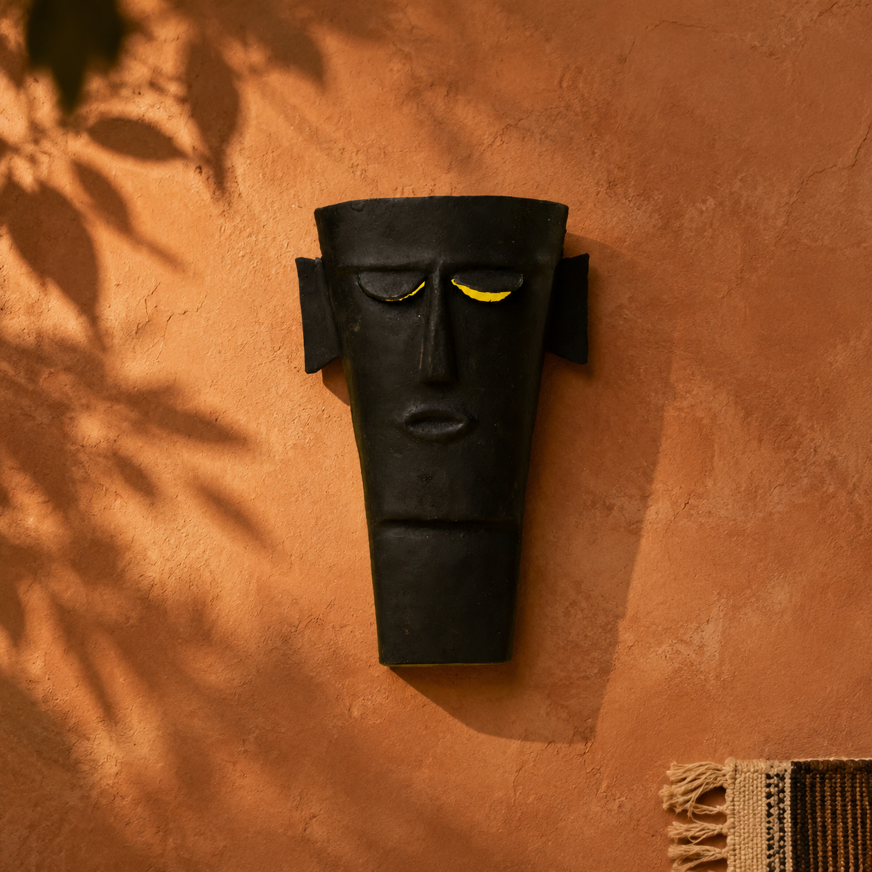 Bastar wrought iron tribal face mask in an earthy craft editorial setting