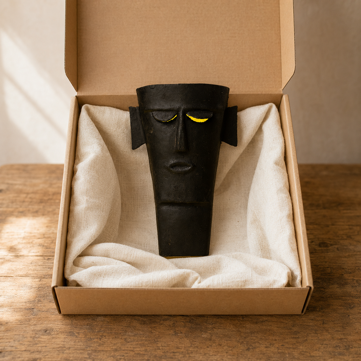Bastar wrought iron tribal face mask presented inside an open gift box