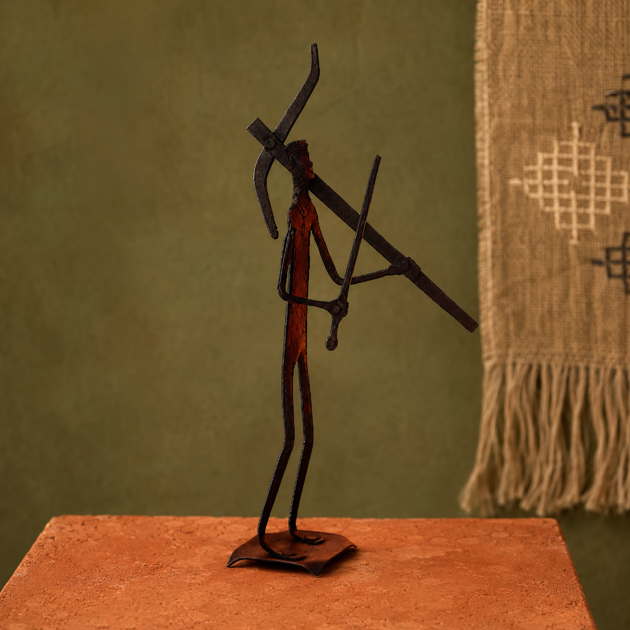 Bastar wrought iron tribal hunter-warrior sculpture in an earthen editorial setting
