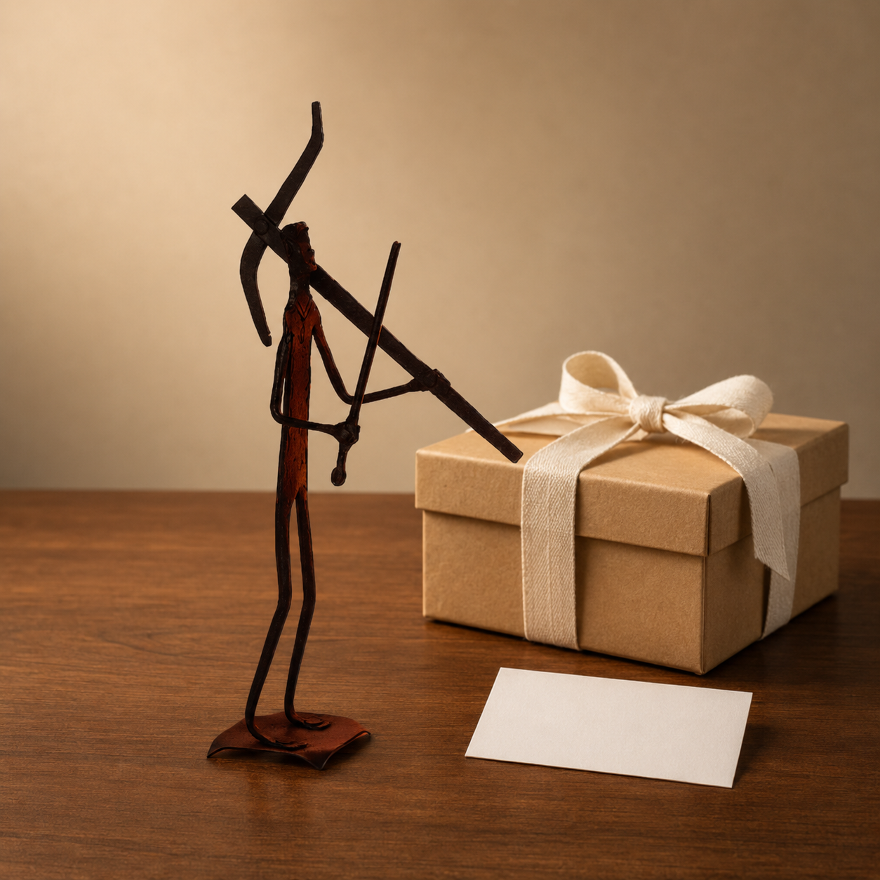 Bastar hand-forged wrought iron tribal hunter-warrior with arched bow, arrow, rust-red torso and slender dark iron frame beside a ribboned gift box