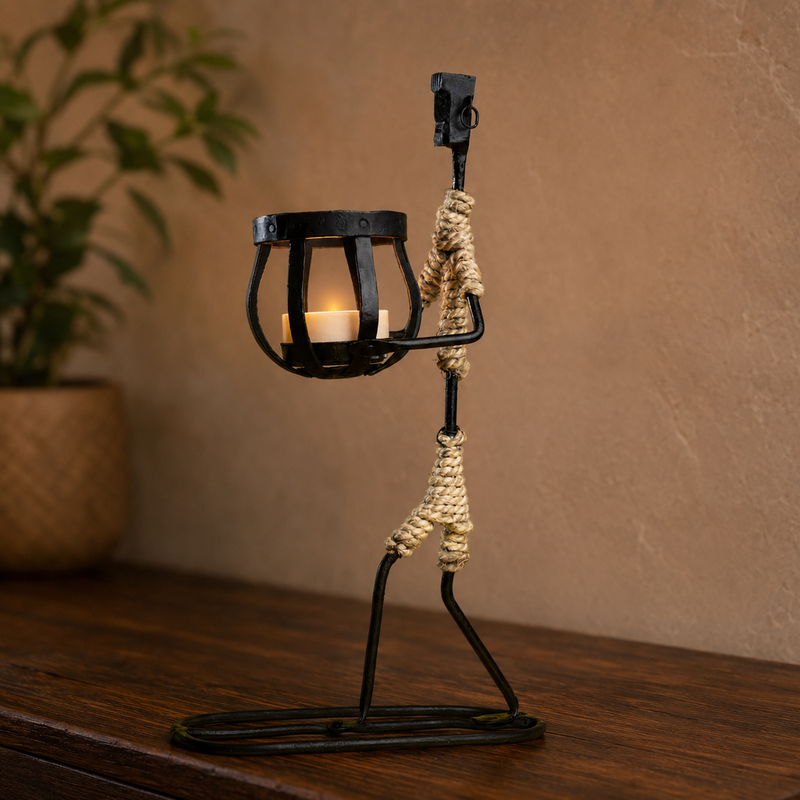 Bastar wrought iron tribal figure candle holder with a warm tealight on a teak console