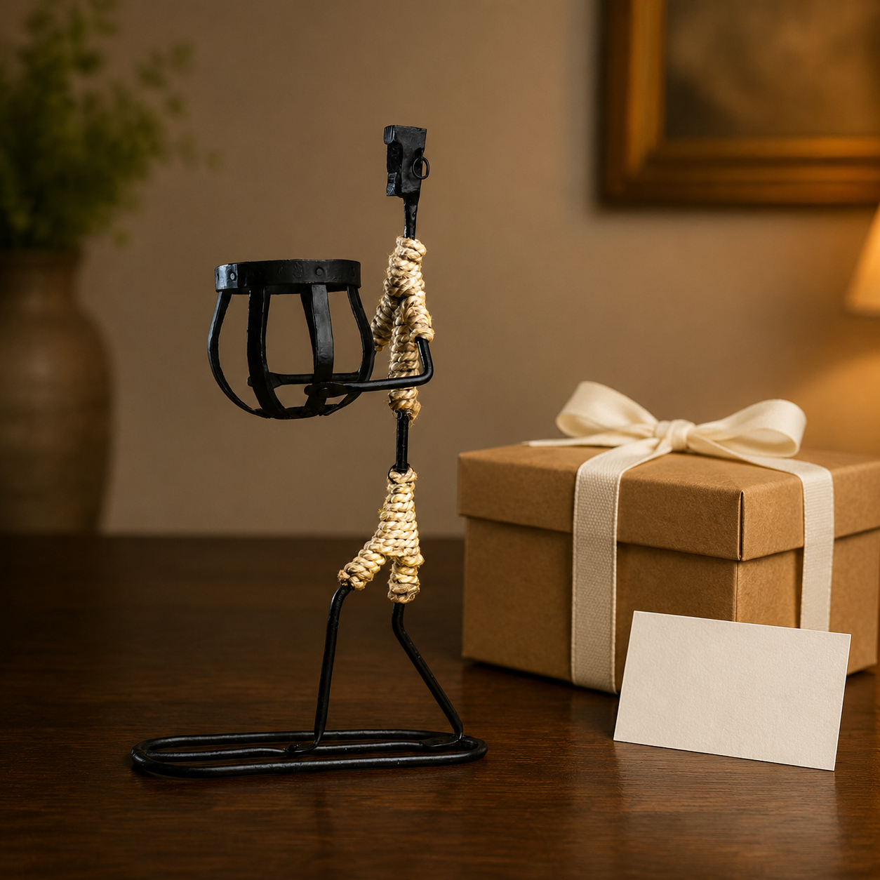 Bastar hand-forged wrought iron tribal man candle holder with ring earring, jute-wrapped body, basket candle cup and oval base beside a ribboned gift box
