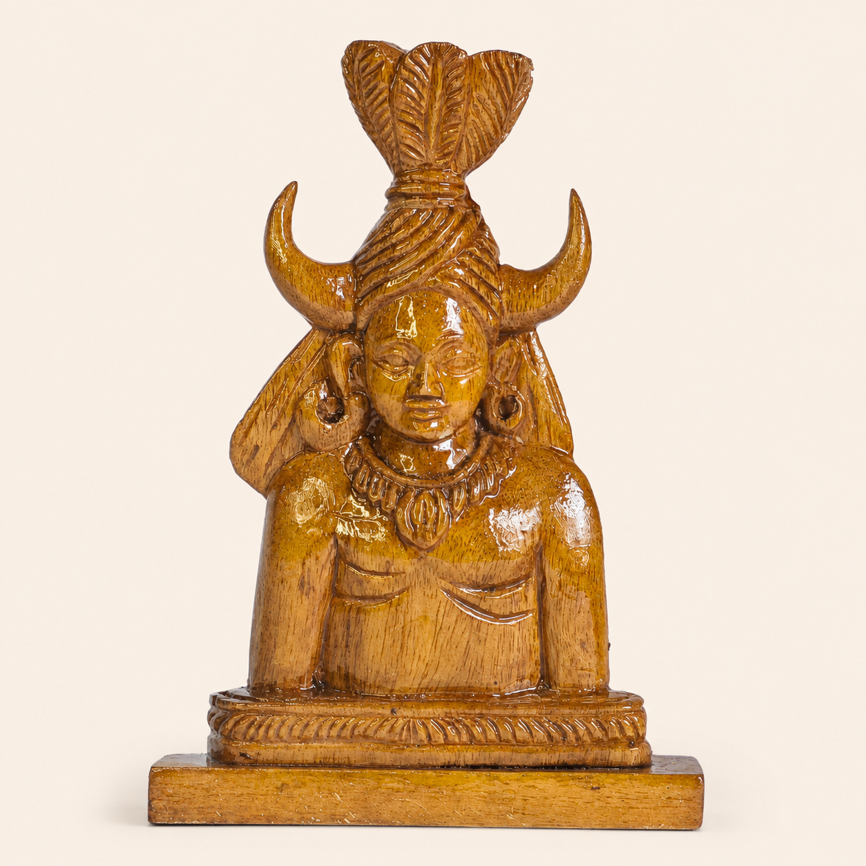 Bastar Madia wooden sculpture on a clean warm ivory catalogue background