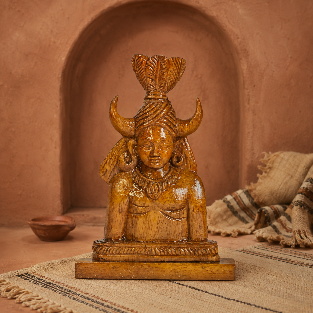 Bastar Madia wooden sculpture in a terracotta craft heritage editorial setting