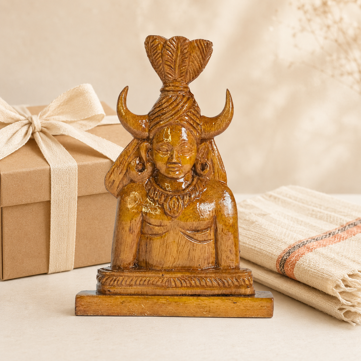 Bastar Madia wooden sculpture presented beside a kraft gift box and handwoven cloth