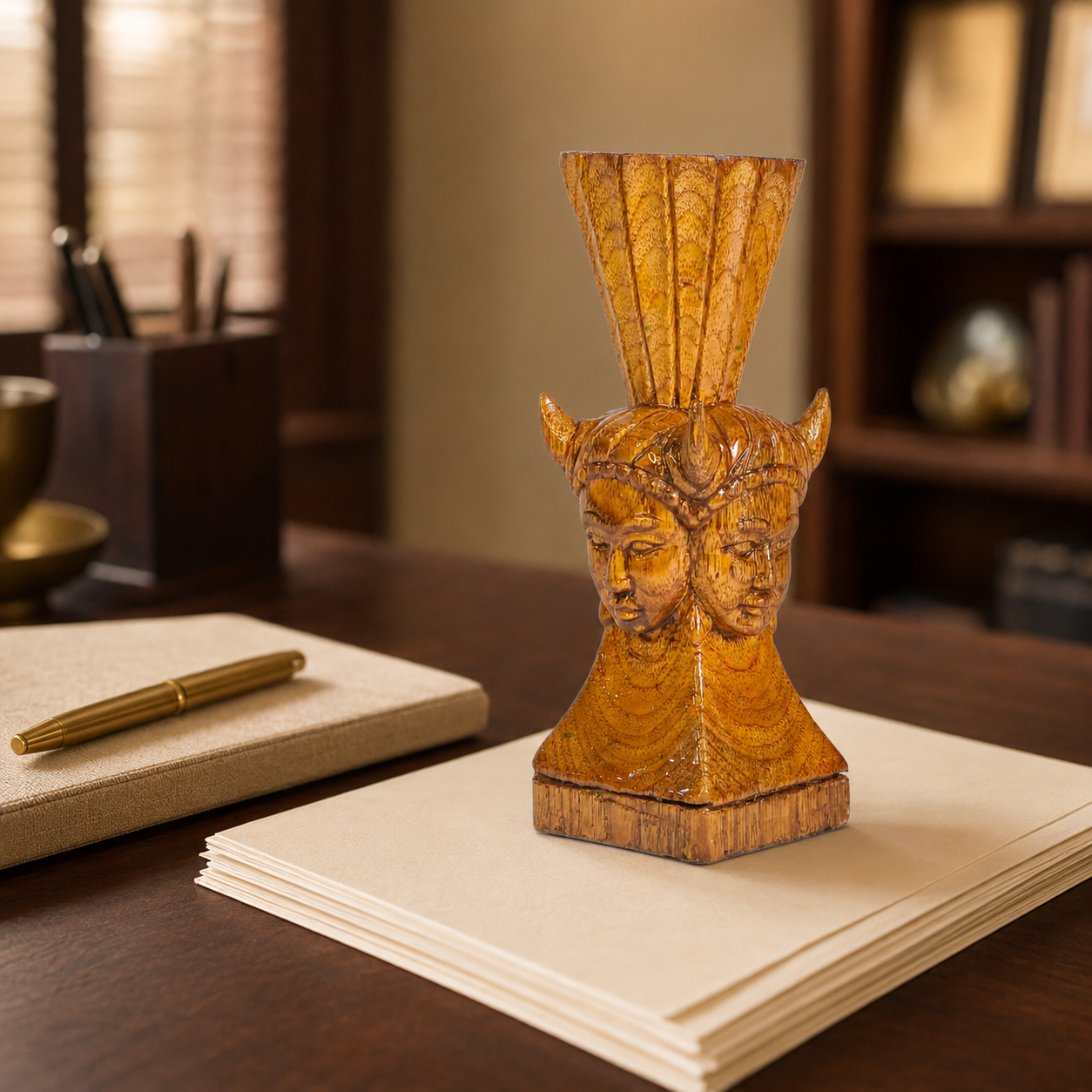 Bastar Wood Carving Madia-Madin paperweight styled on an executive desk
