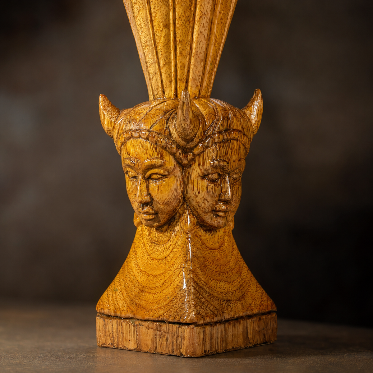 Close-up of the carved faces and wood grain on the Madia-Madin paperweight