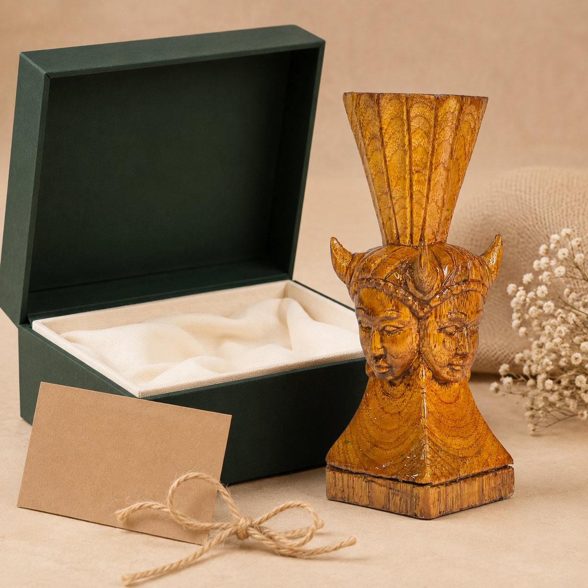 Hand-carved Bastar Madia-Madin wooden paperweight presented beside an open gift box