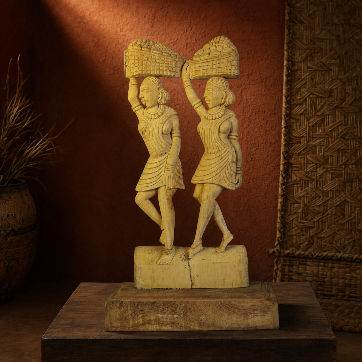 Bastar tribal women wood carving presented in an earthy craft editorial setting