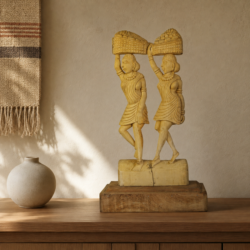 Hand-carved Bastar tribal women sculpture displayed on a warm wooden console