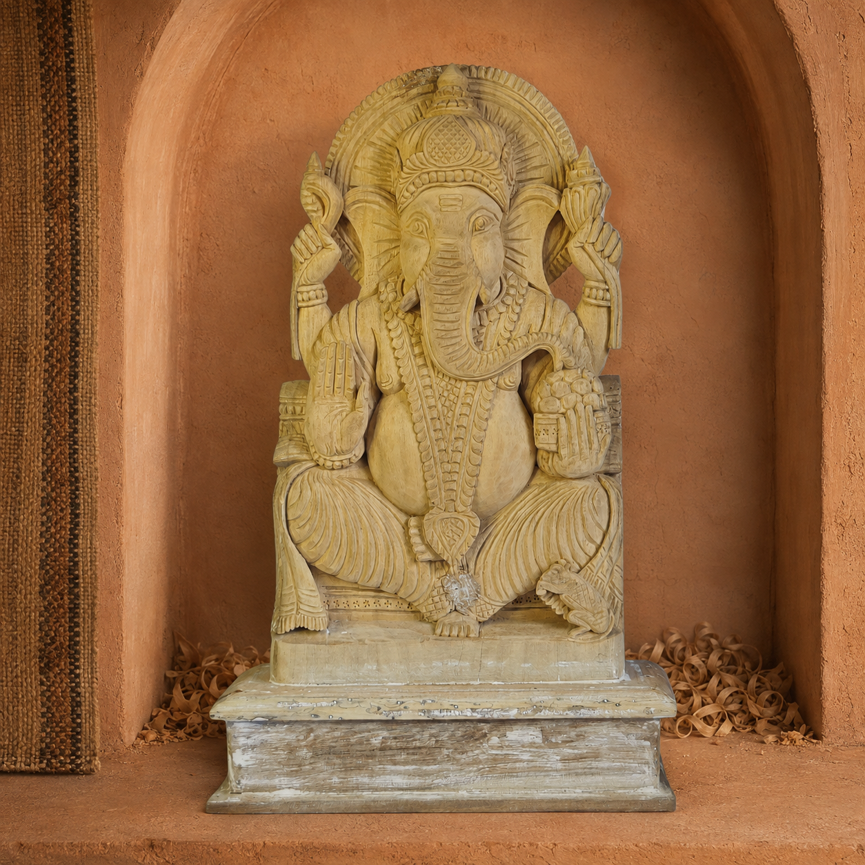 Bastar wooden Ganesh carving presented in an earthy terracotta craft niche