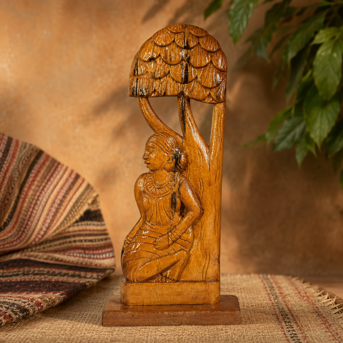 Bastar Madin tribal woman wood carving in an earthy cultural editorial setting