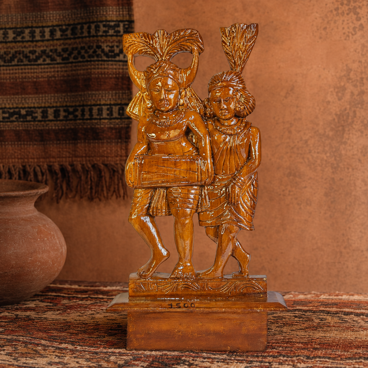 Bastar Madia-Madin wooden musician sculpture in a terracotta cultural editorial setting