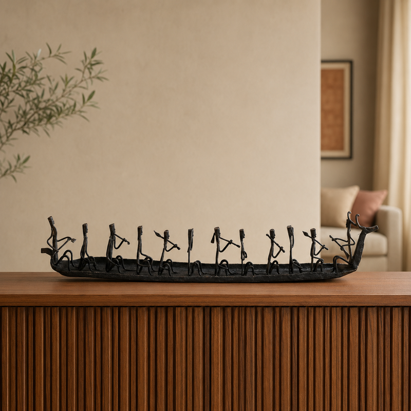 Bastar Wrought Iron Tribal Boat styled on a contemporary teak console