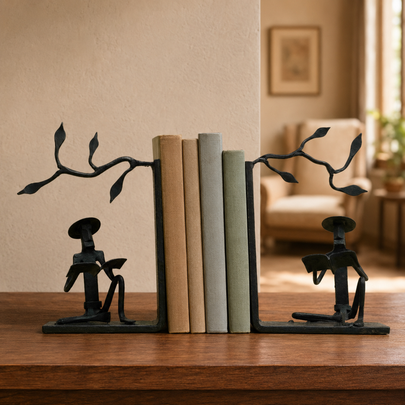 Bastar Wrought Iron Book Holder pair styled on a teak study shelf