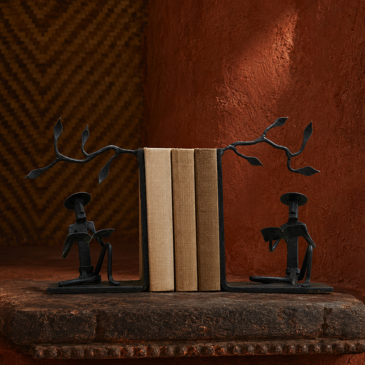 Bastar Wrought Iron Book Holder pair in an earthy craft-inspired setting