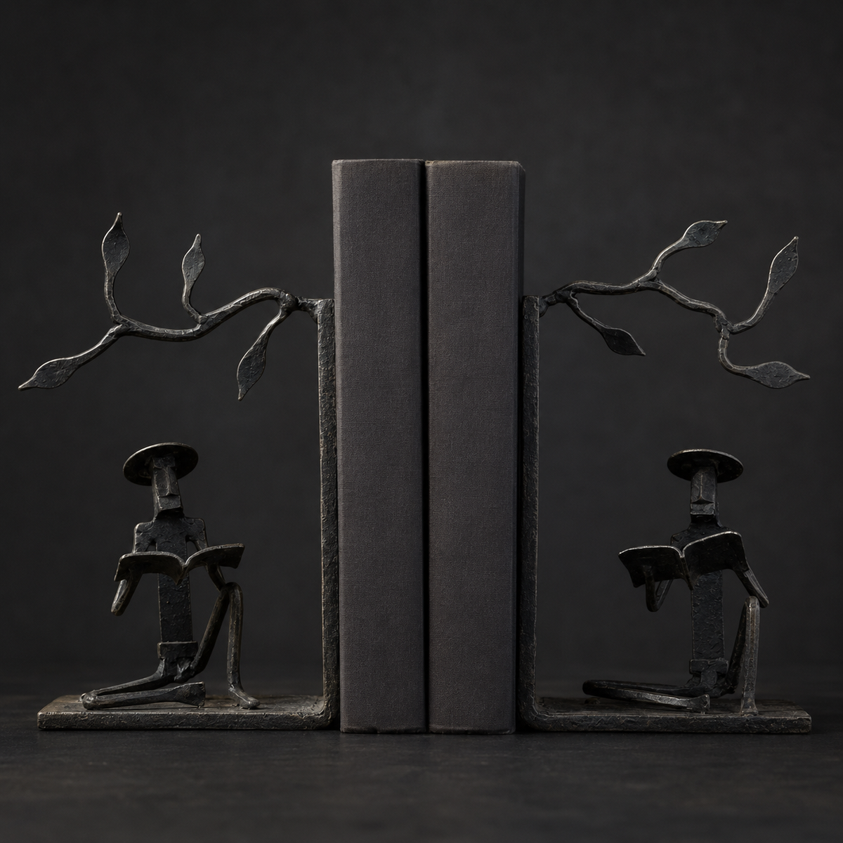 Detailed view of the hand-forged readers, branches and leaves of the book holder