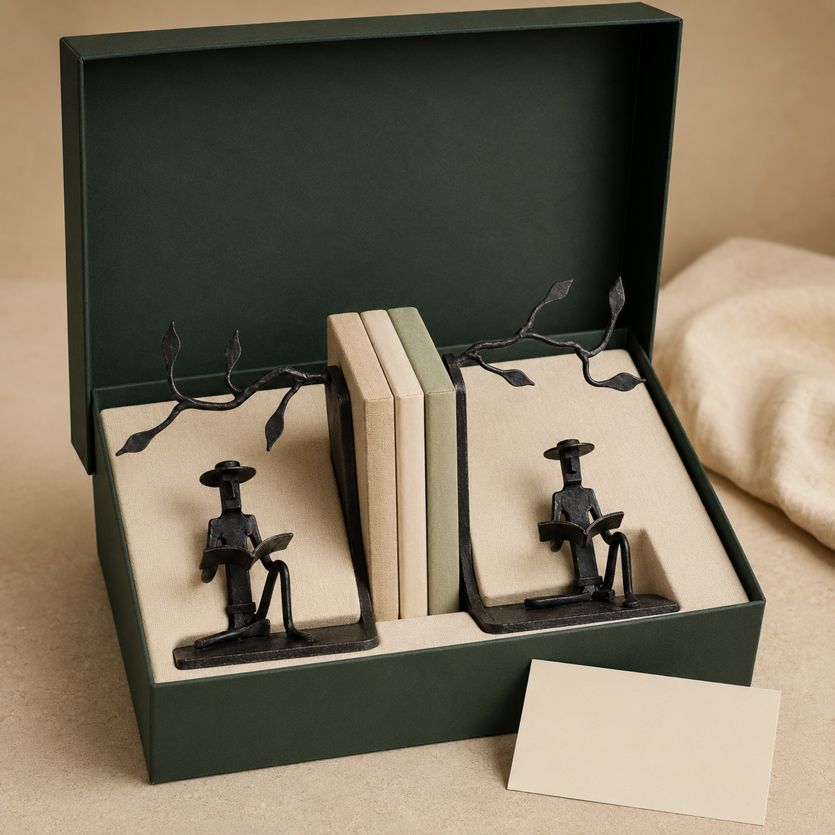 Pair of Bastar wrought iron reader bookends presented in a gift box