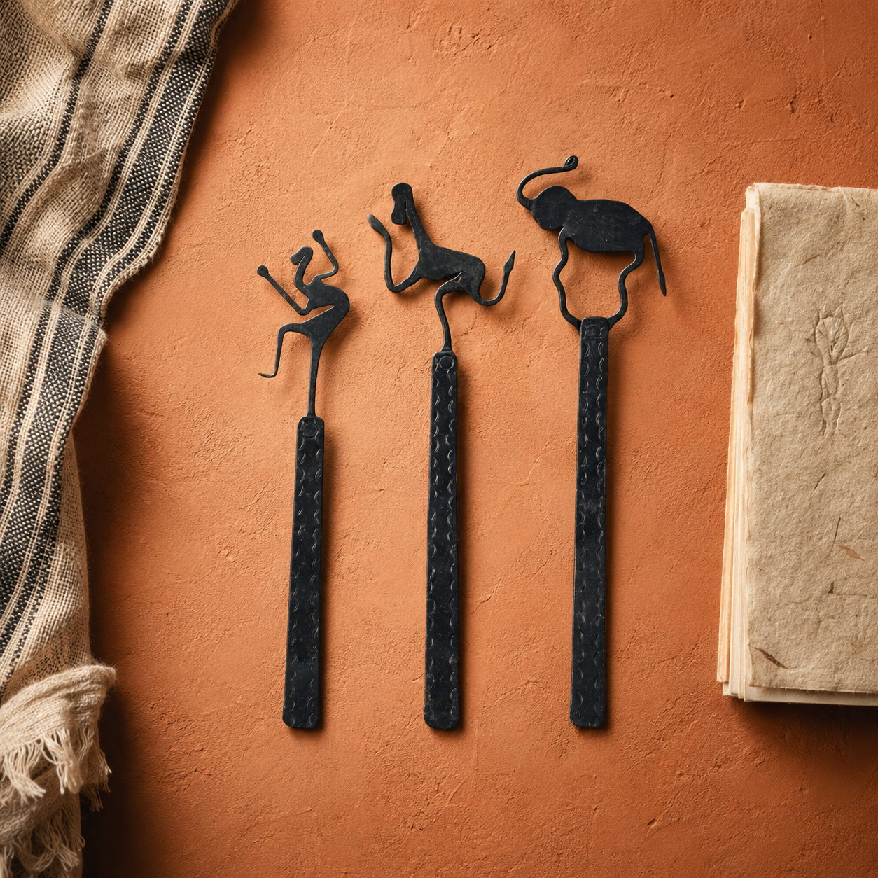 Three Bastar wrought iron bookmarks in an earthen craft-inspired setting