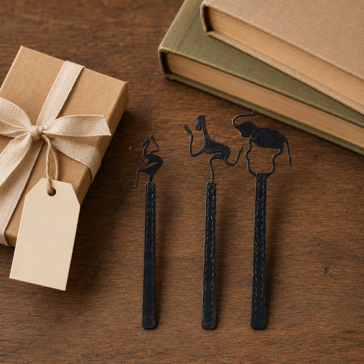 Bastar wrought iron bookmark set presented with books and a kraft gift box