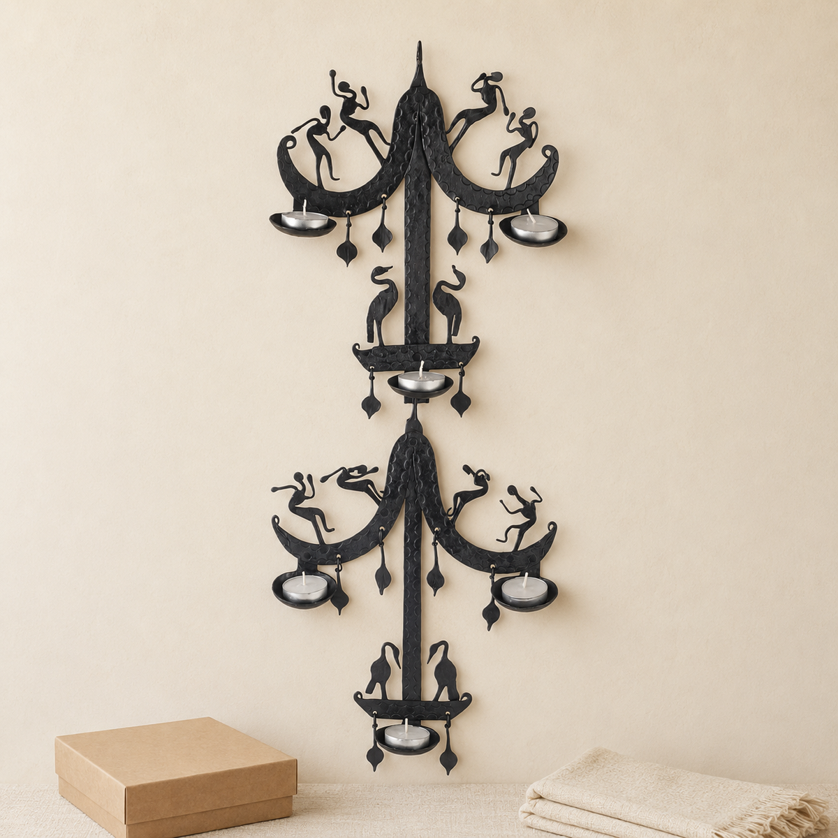 Tall Bastar wrought iron wall candle holder presented with a kraft gift box