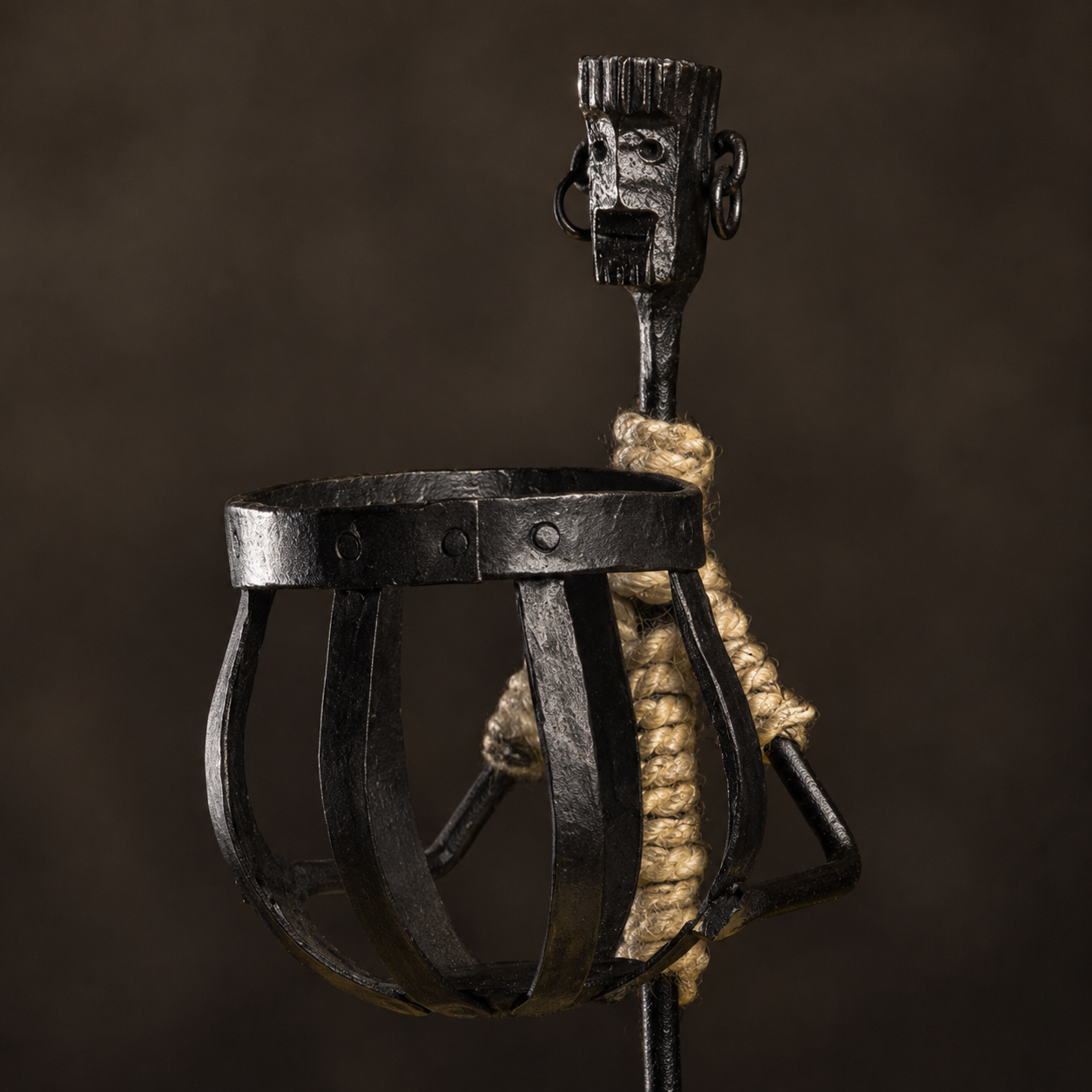 Close detail of the forged face, riveted basket, curved iron ribs, and rope wrapping