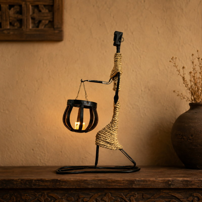 Bastar wrought iron profile figure candle holder glowing on a carved wooden console