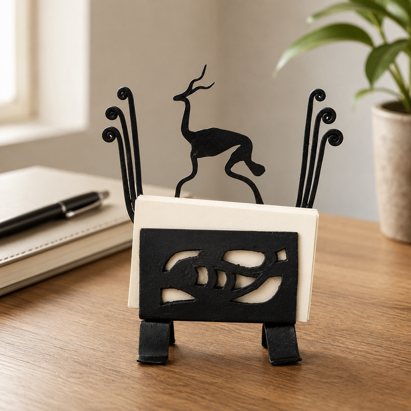 Bastar wrought iron deer card holder styled on a professional wooden desk