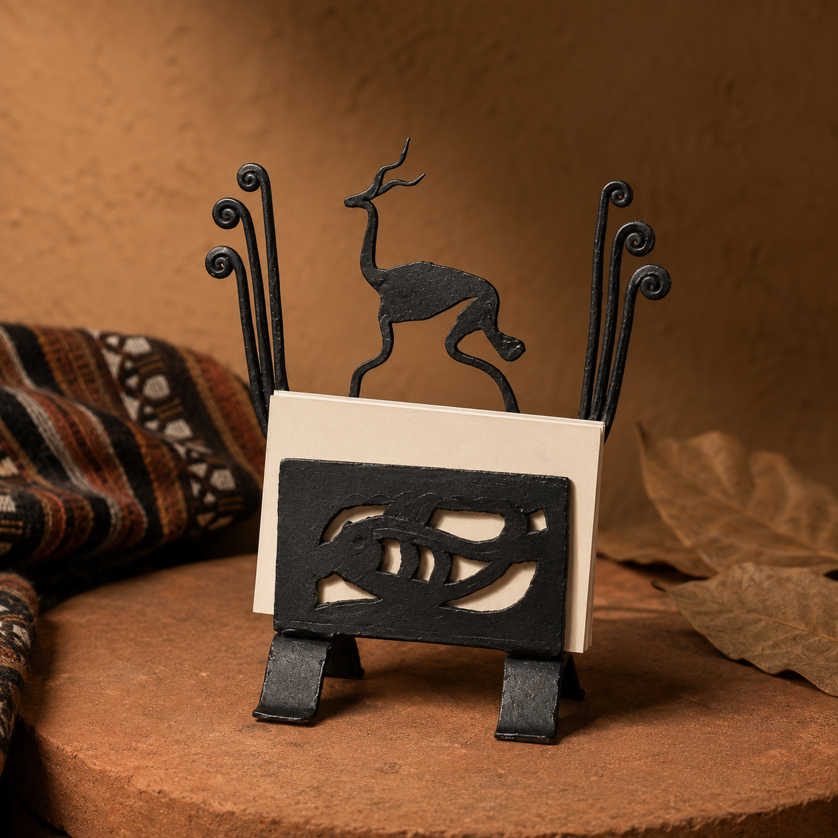 Bastar wrought iron deer card holder in an earthy craft-inspired setting
