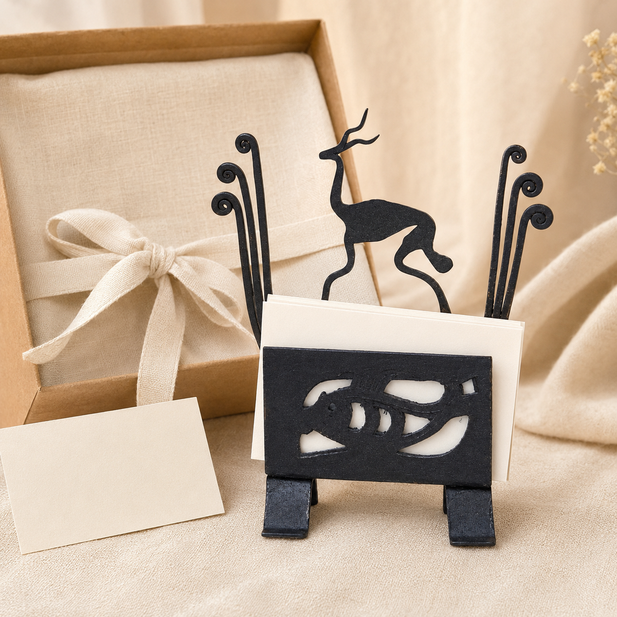 Bastar wrought iron deer card holder displayed with stationery beside a wrapped gift box