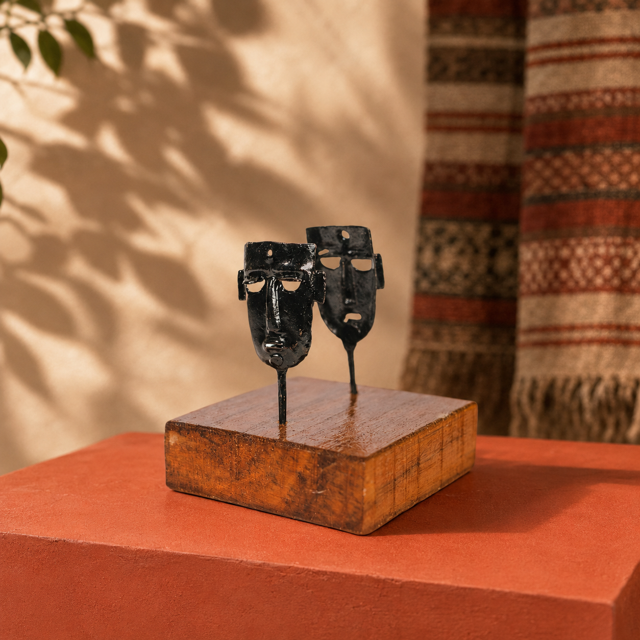 Hand-forged Bastar two-mask card holder displayed on an ochre gallery plinth
