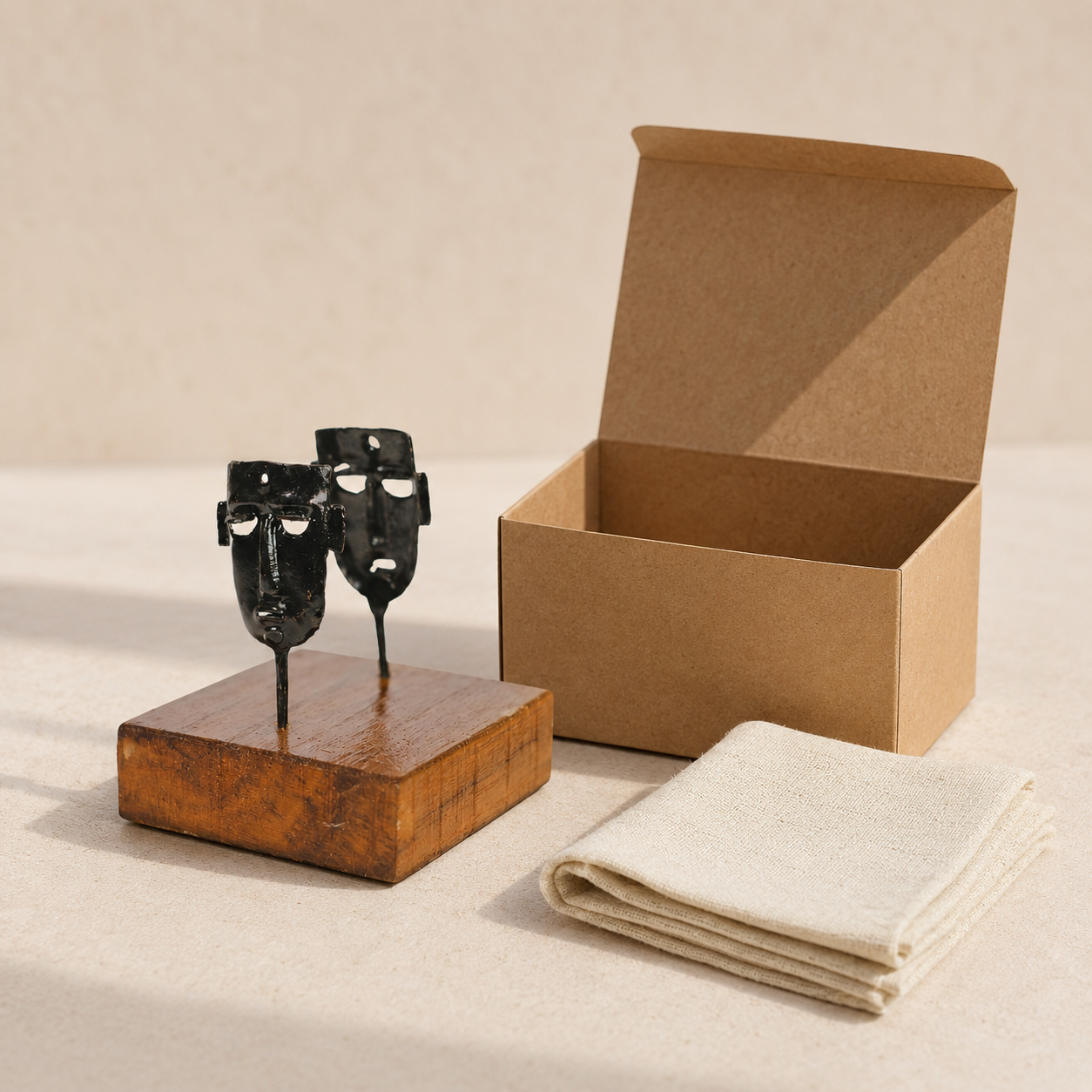 Bastar wrought iron two-mask card holder presented beside a kraft gift box