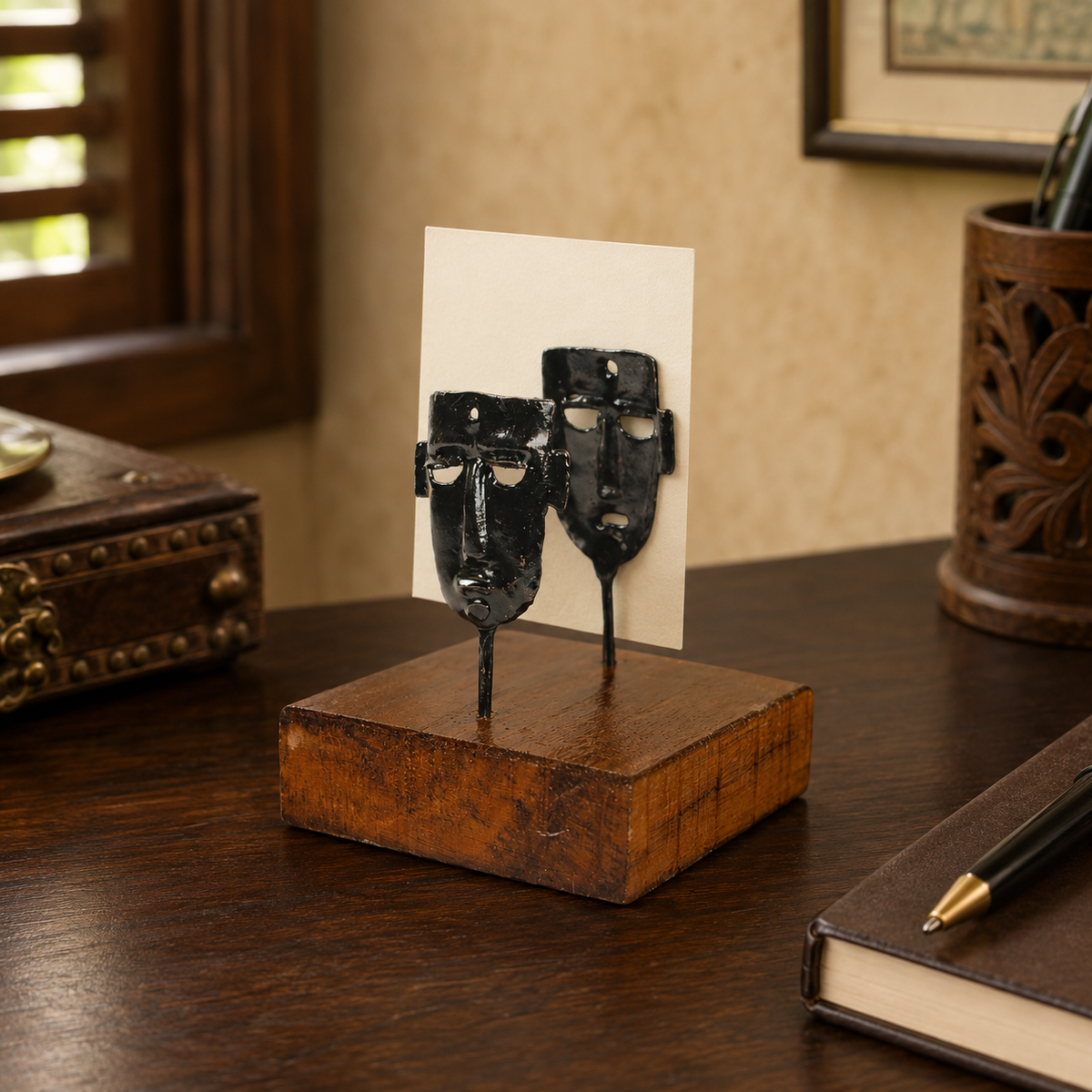 Two-mask Bastar iron card holder with a blank business card on a wooden desk