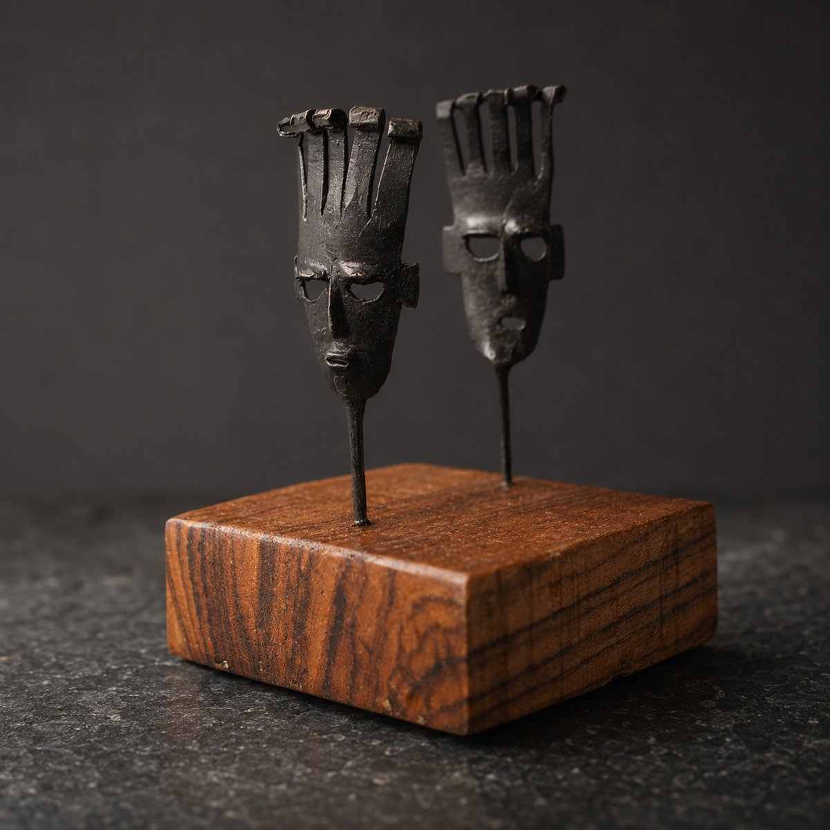 Close detail of hand-forged iron masks and wooden base on the Bastar card holder