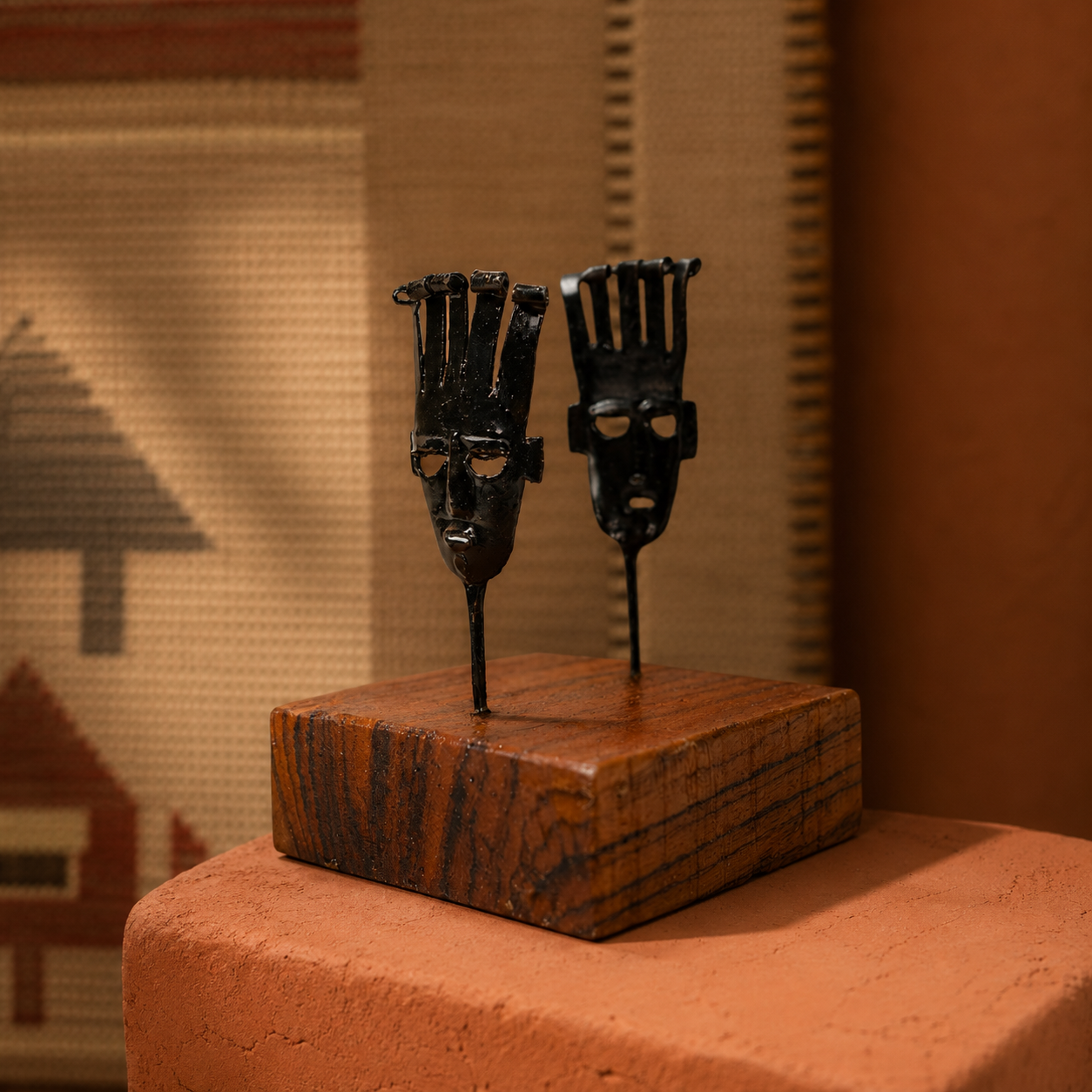 Bastar wrought iron tribal mask card holder in an earthy editorial setting