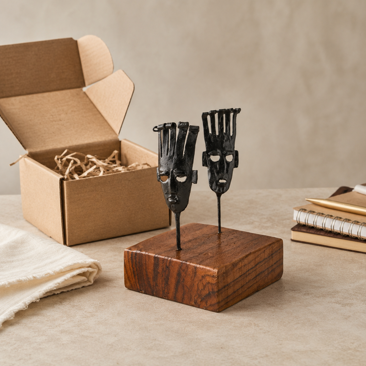 Bastar wrought iron two-mask card holder styled with a kraft gift box