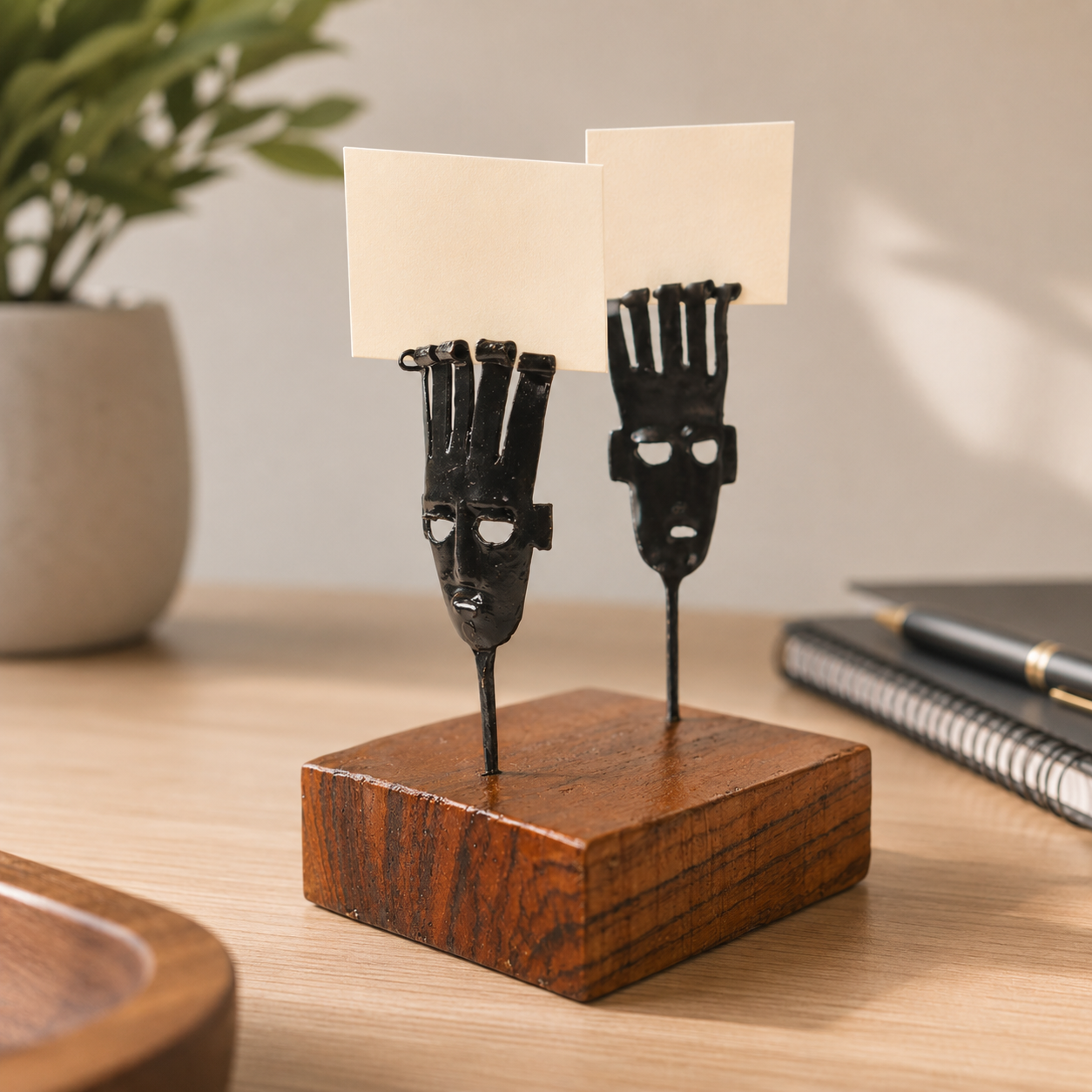 Two-mask Bastar wrought iron card holder holding blank cards on a home-office desk