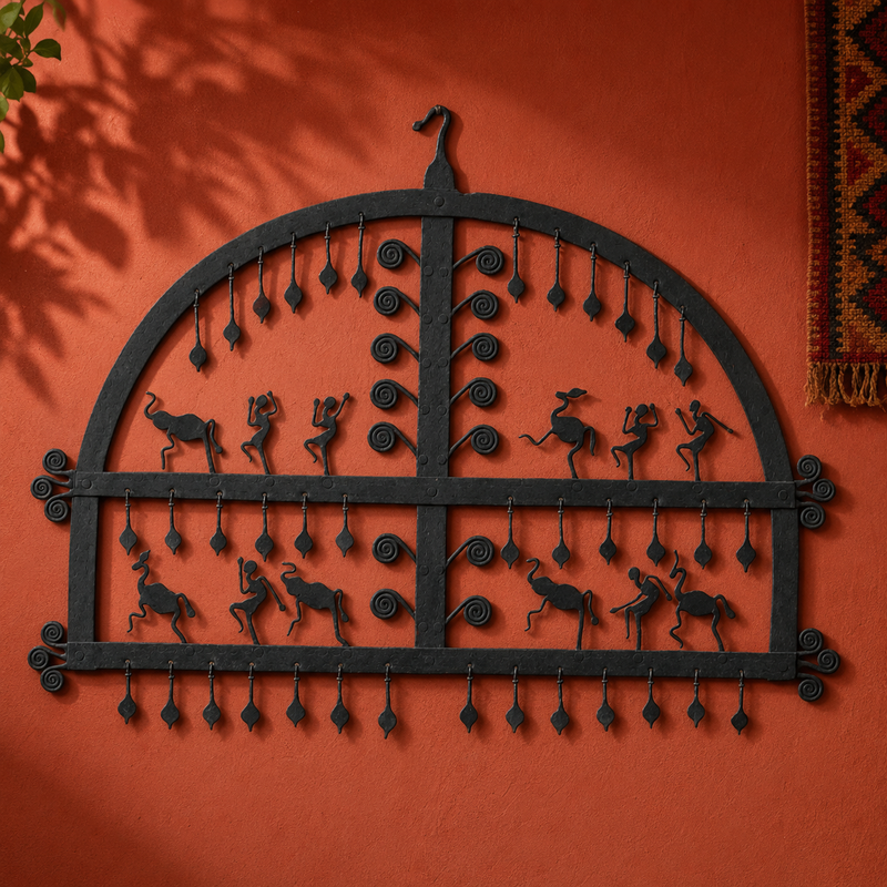 Bastar wrought iron wall art presented on an ochre artisan gallery wall