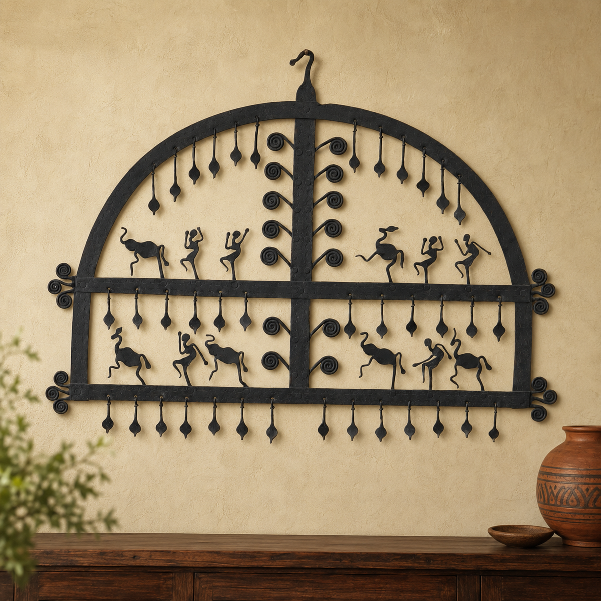 Hand-forged Bastar decorative wall frame displayed above a wooden console