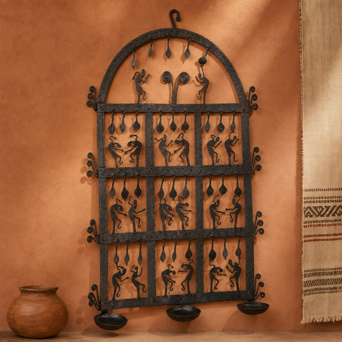 Bastar wrought iron diya wall frame presented against a terracotta gallery wall