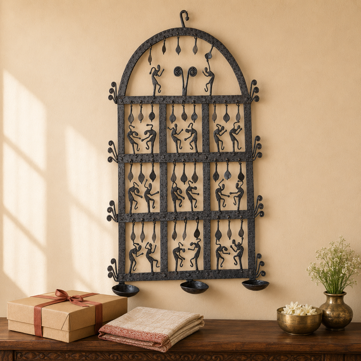 Bastar wrought iron diya wall frame displayed above a kraft gift box and folded handloom cloth