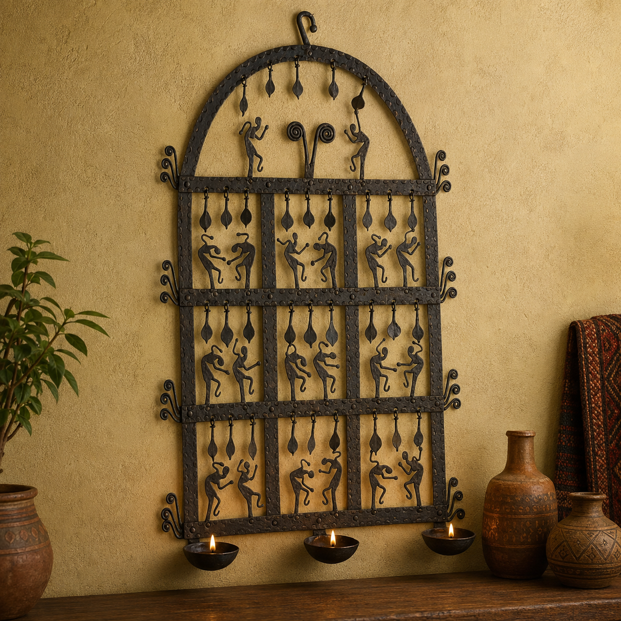 Bastar wrought iron diya wall frame glowing above a wooden console in a warm entryway