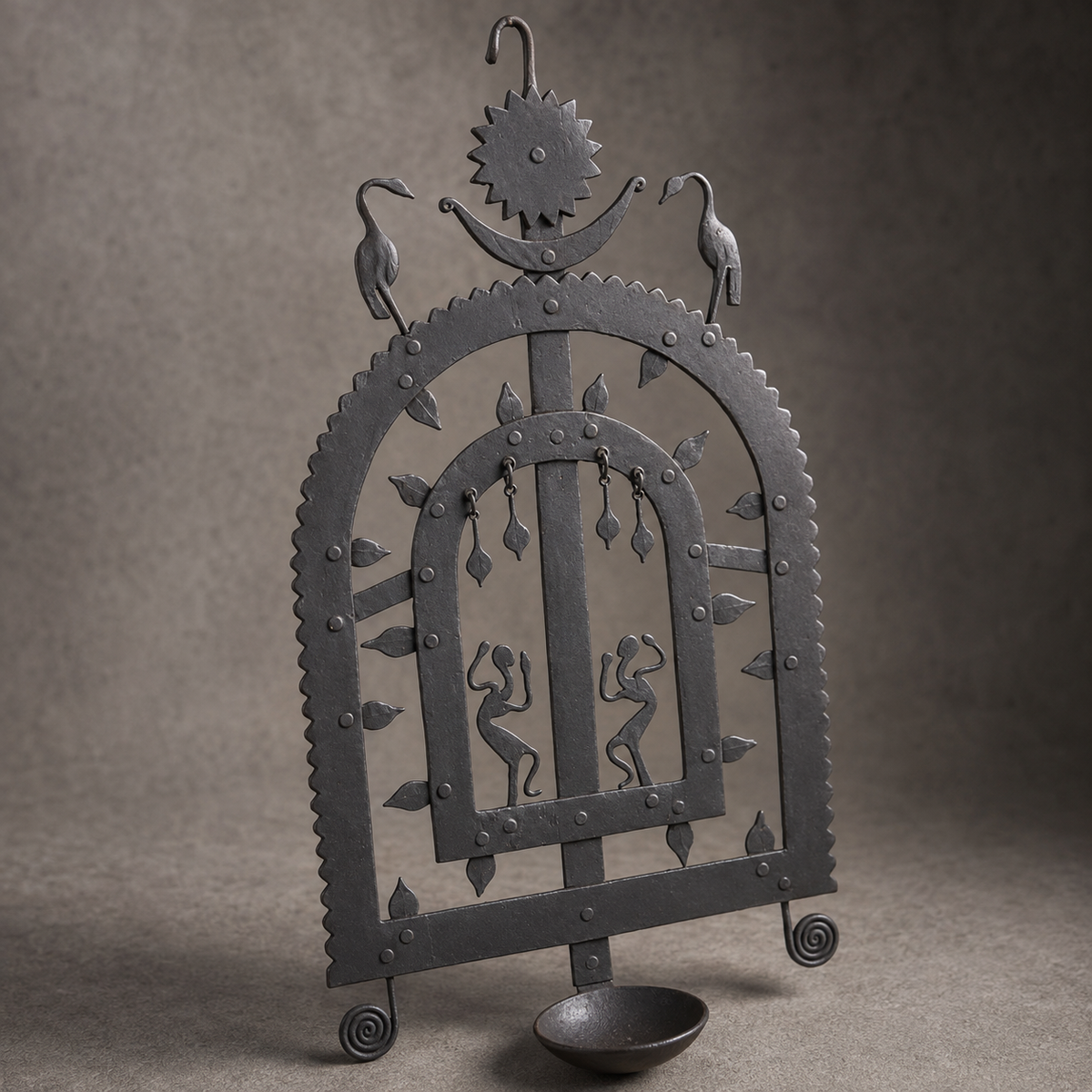 Close craftsmanship view of Bastar wrought iron diya wall frame Design 2