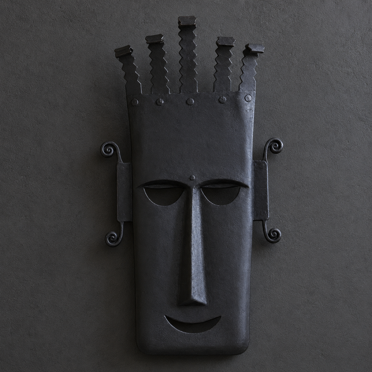 Craft detail of the crown rivets, spiral ornaments and forged finish of an iron mask