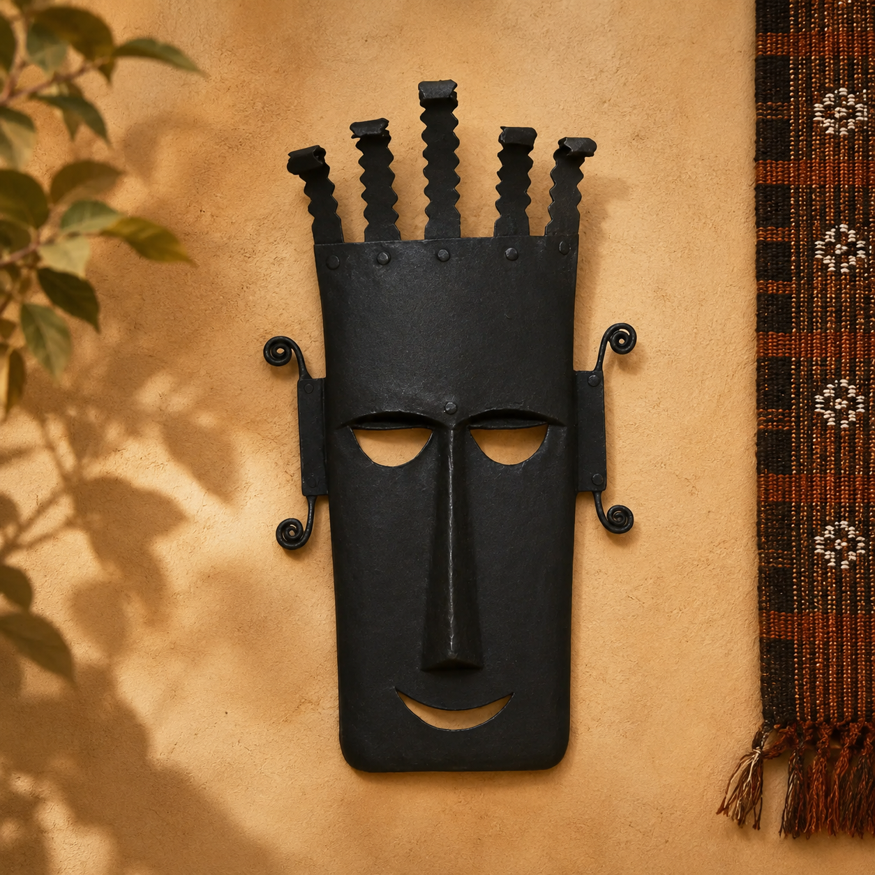 Hand-forged Bastar iron face mask in an artisan-inspired wall display