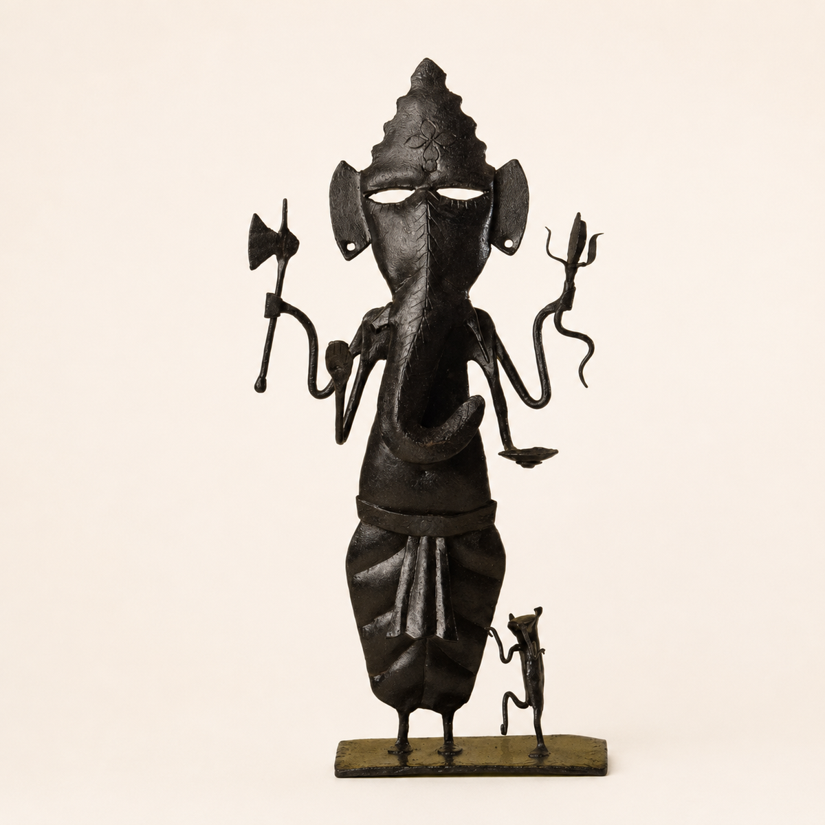 Bastar wrought iron Ganesh Ji with four arms and mouse companion on an ivory background
