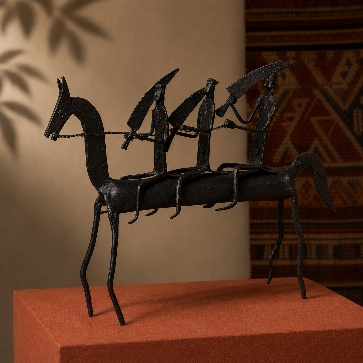 Hand-forged Bastar horse procession figurine on an ochre gallery plinth