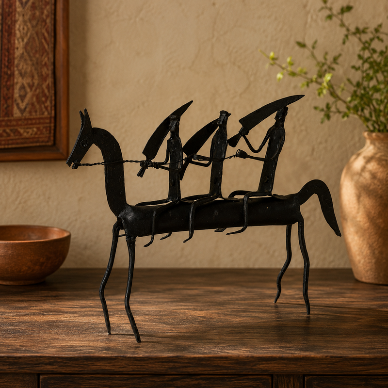 Three-rider Bastar iron horse figurine displayed on a wooden console